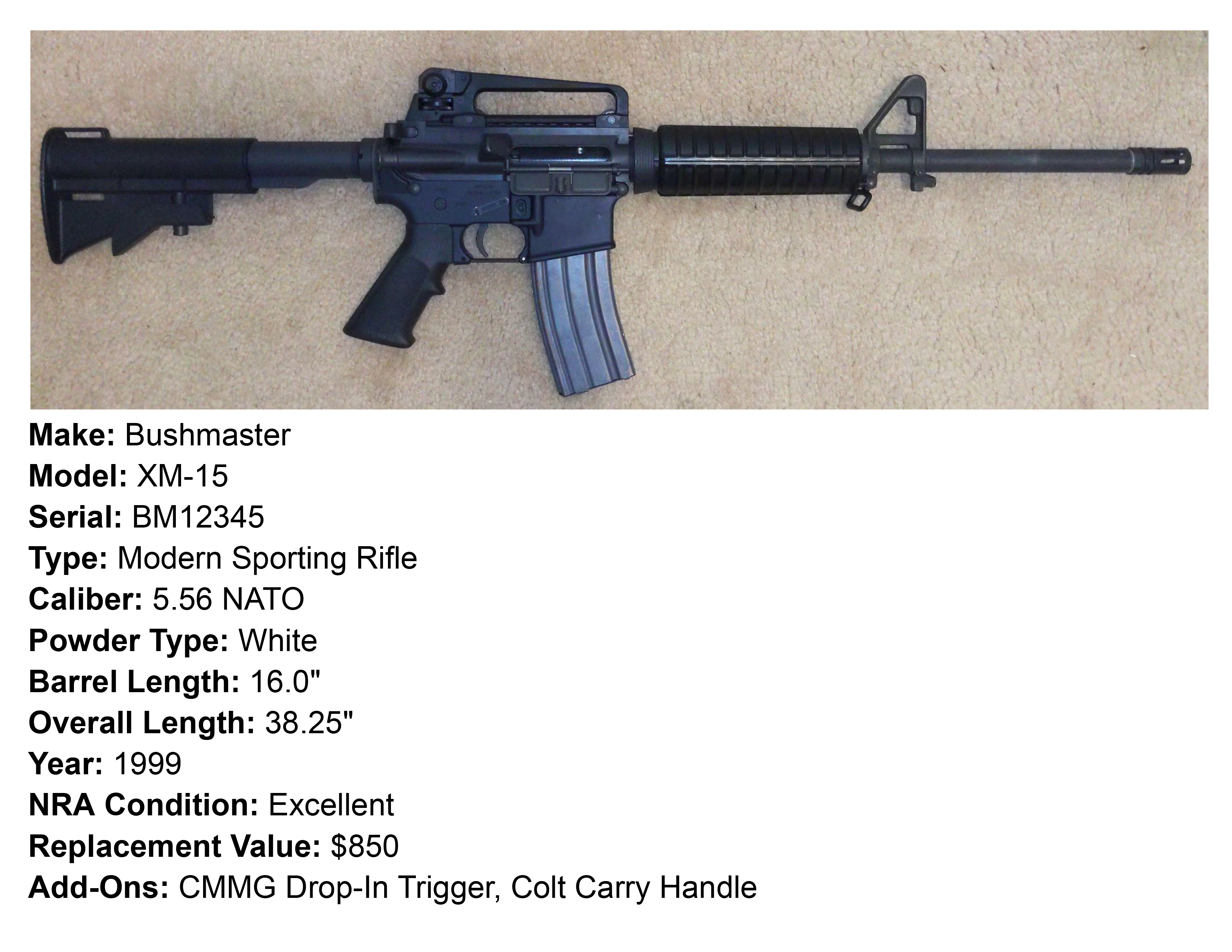 Individual firearm
documentation sheet with photographs, specifications, and
valuation details